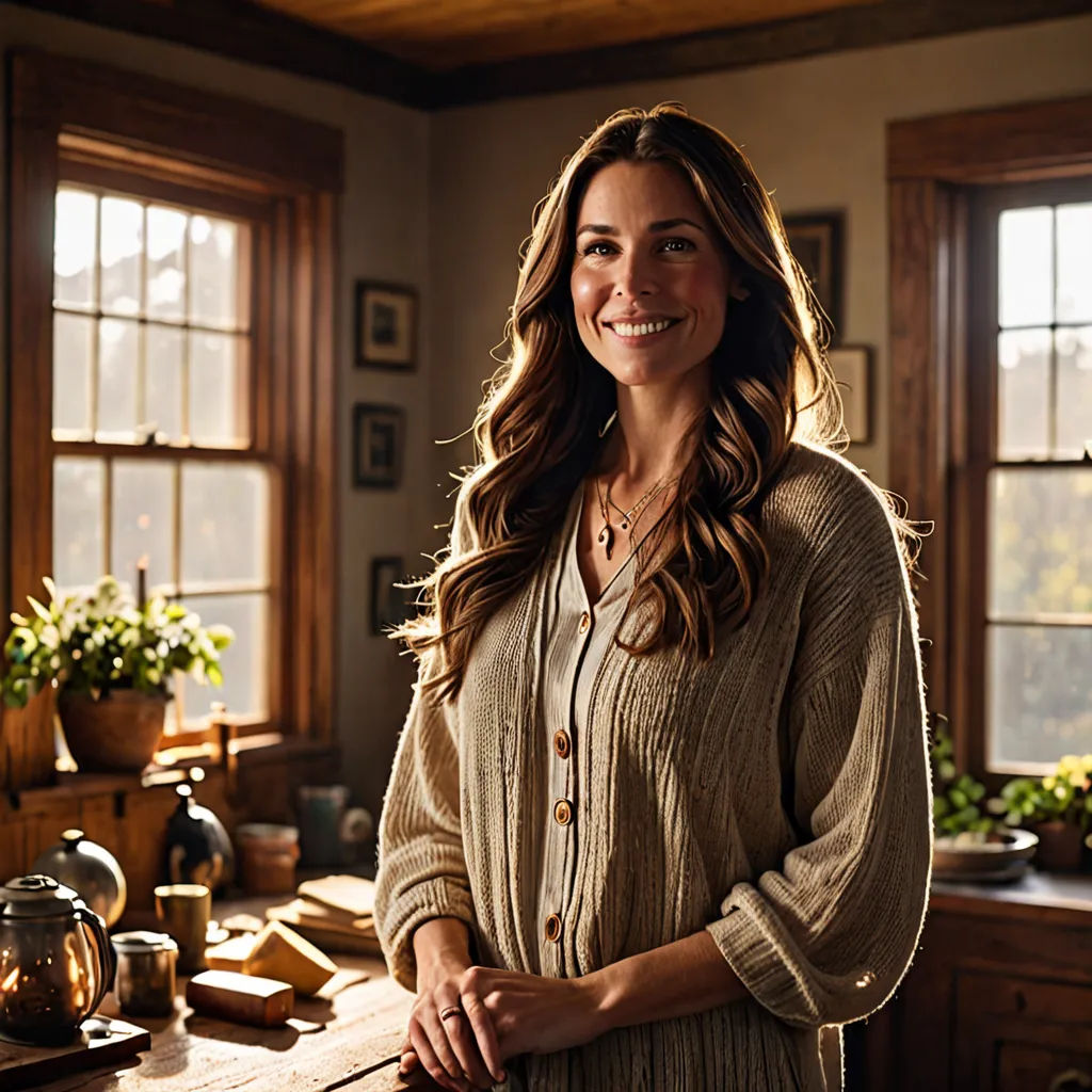 a woman standing in a kitchen next to a window with potted plants on the counter top and a potted plant on the counter, arts and crafts movement, a character portrait, Dorothy Coke, promotional image