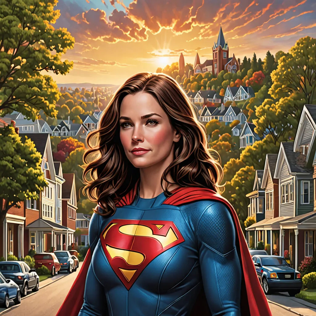 a woman in a superman suit standing on a street with a sunset in the background and a cityscape, superflat, a comic book panel, Dan Mumford, official art