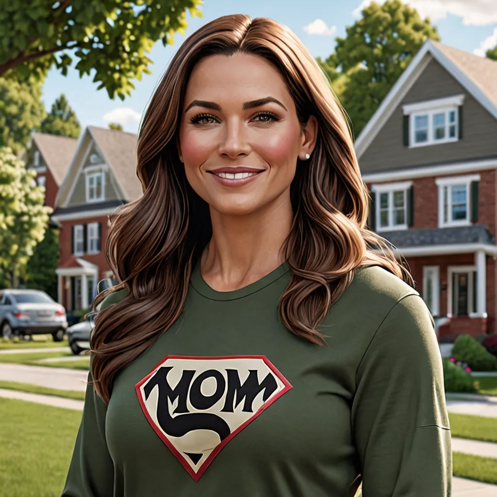 a woman in a green shirt is standing in front of a house with a superman t - shirt on, verdadism, a digital rendering, Brenda Chamberlain, promotional image