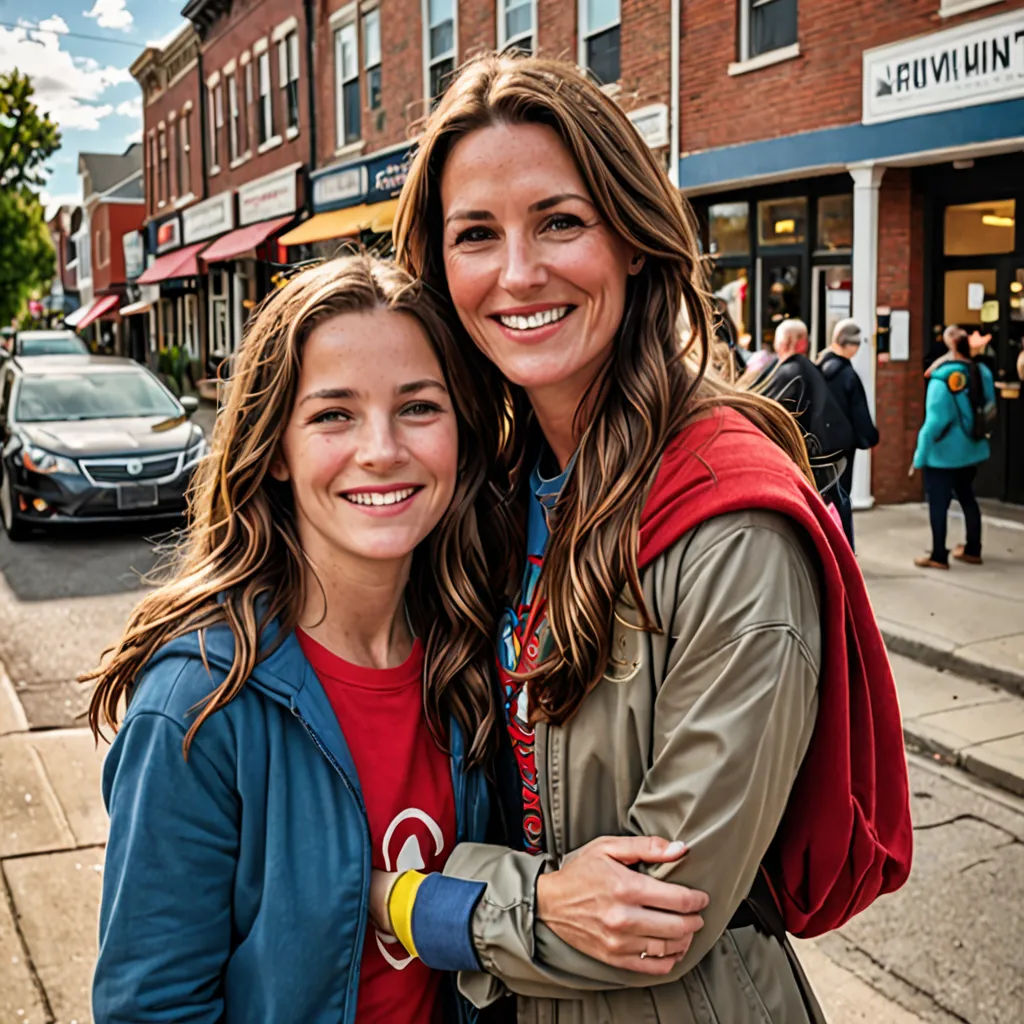 a woman and a girl are hugging on the street corner in front of a storefront and a car, private press, a picture, Amy Weber, promotional image