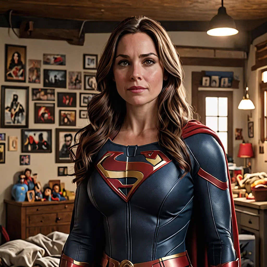 a woman in a superman costume standing in a bedroom with a lot of pictures on the wall behind her, superflat, poster art, Dorothy Coke, promotional image