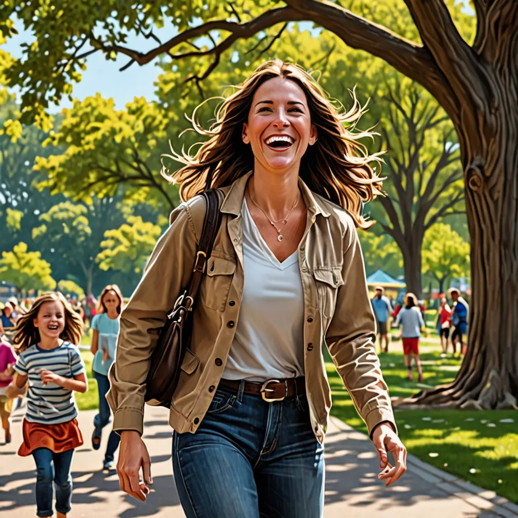 a woman is walking down the sidewalk with a smile on her face and a group of people behind her, american impressionism, a stock photo, disney, promotional image