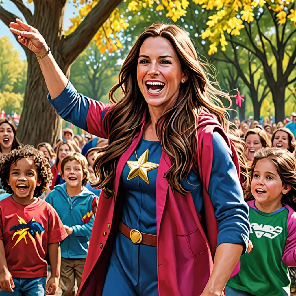 a woman in a costume is surrounded by children in a park and trees, with a large group of people behind her, american realism, concept art, Chris LaBrooy, official art