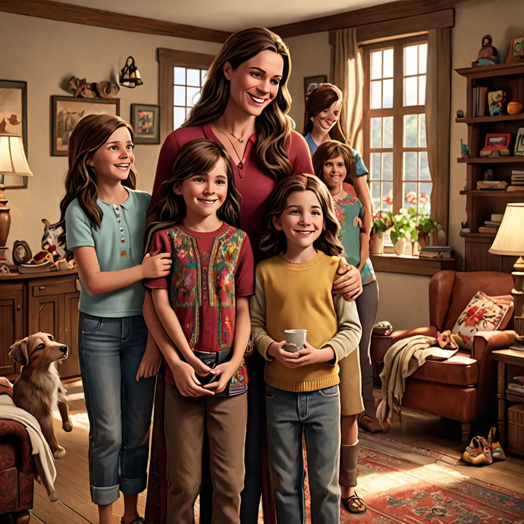 a family is standing in a living room together, all smiling and posing for a picture together, with a dog nearby, american scene painting, a storybook illustration, Brigette Barrager, promotional image
