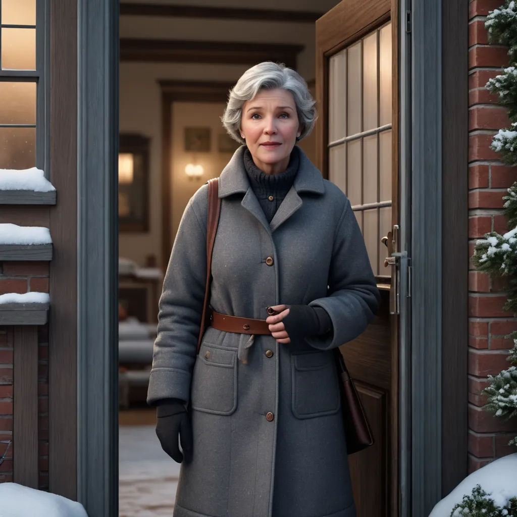 a woman standing in a doorway with a coat on and a handbag on her hip, in front of a house, photorealism, a 3D render, Evgeny Lushpin, promotional image