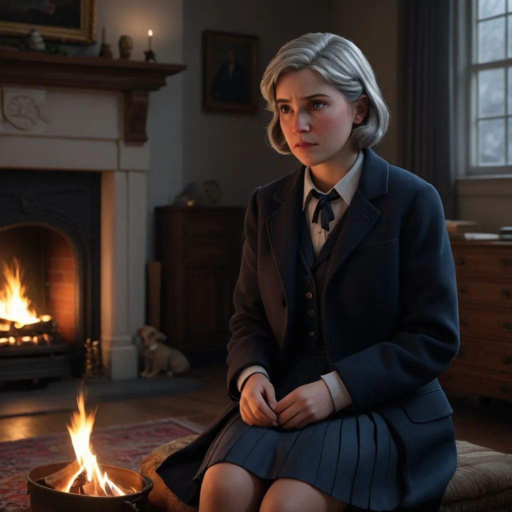 a woman sitting in front of a fire in a room with a fireplace and a rug on the floor, sots art, a character portrait, Ada Hill Walker, unreal engine 5 highly rendered