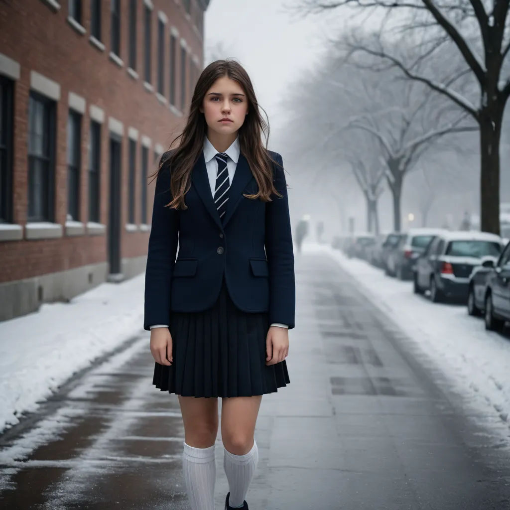 a girl in a school uniform standing on a snowy street in front of a row of parked cars and a brick building, heidelberg school, a character portrait, Christabel Dennison, promotional image