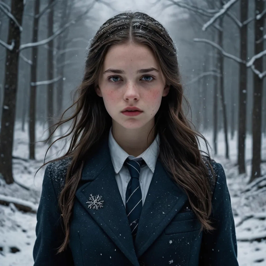 a woman in a suit and tie standing in the snow in a forest with trees and snow falling on her, neo-romanticism, a character portrait, Anka Zhuravleva, promotional image