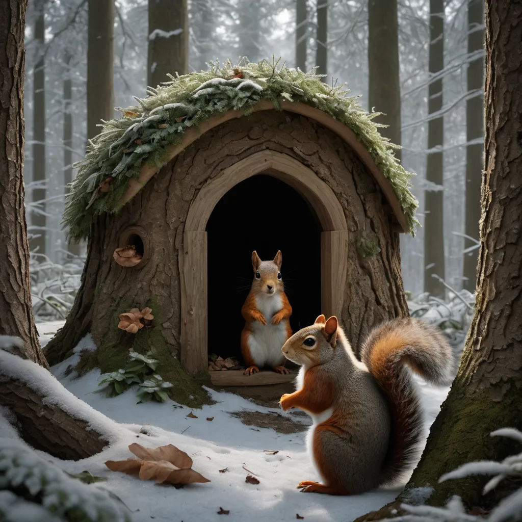 a squirrel and a squirrel in a snowy forest with a doghouse in the background and a squirrel in the foreground, photorealism, a storybook illustration, Chris LaBrooy, cgstudio