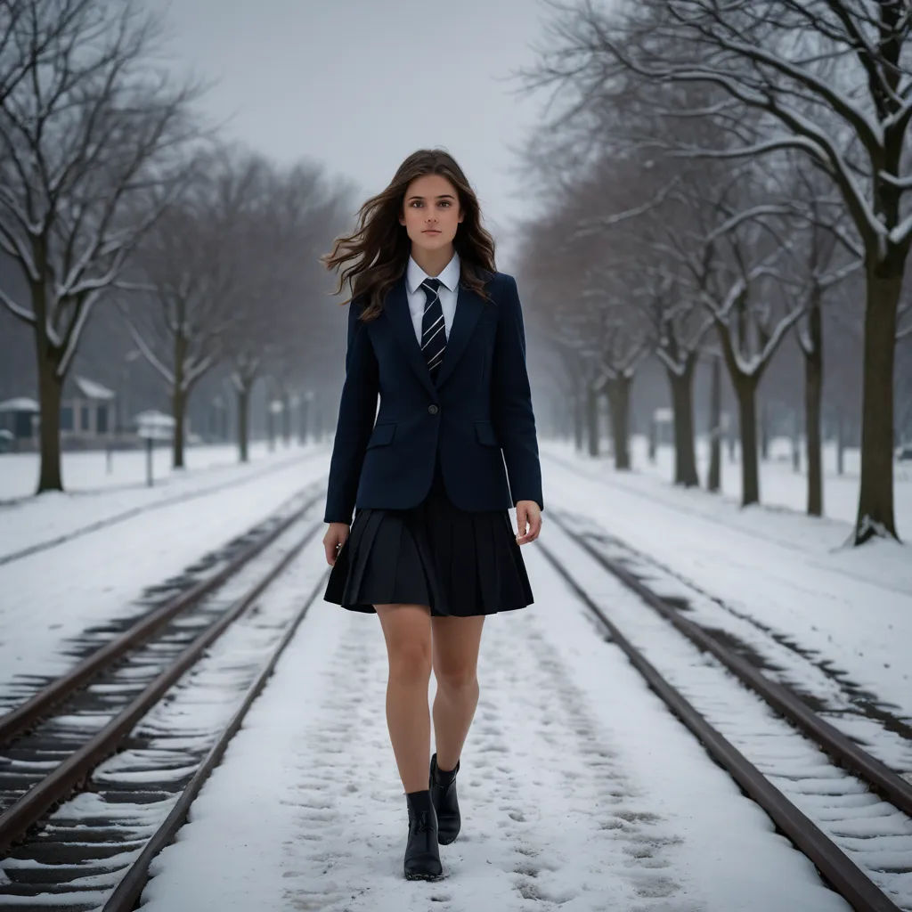 a woman in a suit and tie walking down a snow covered train track path with trees in the background, heidelberg school, a character portrait, Charlotte Harding, promotional image
