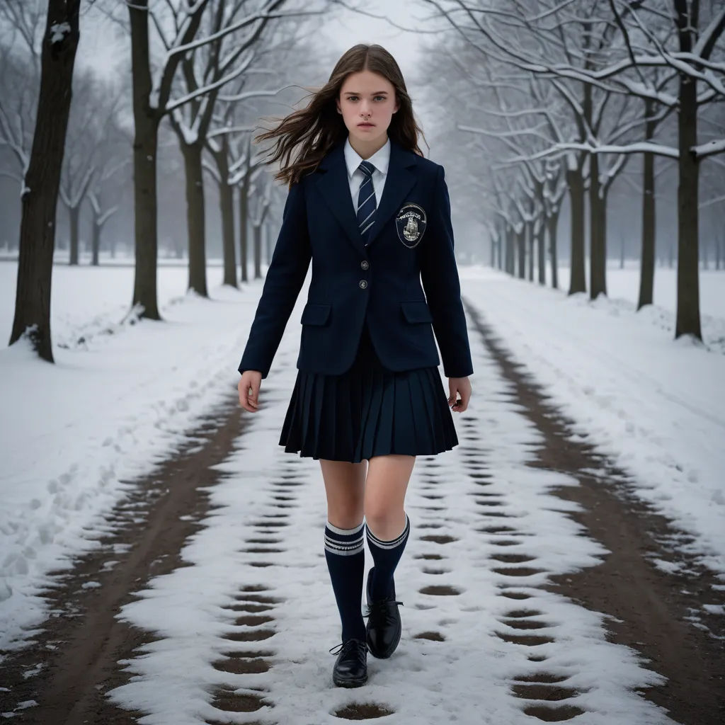 a girl in a school uniform walking down a snowy path in a park with trees and snow on the ground, heidelberg school, a character portrait, Claire Falkenstein, cinematic photography