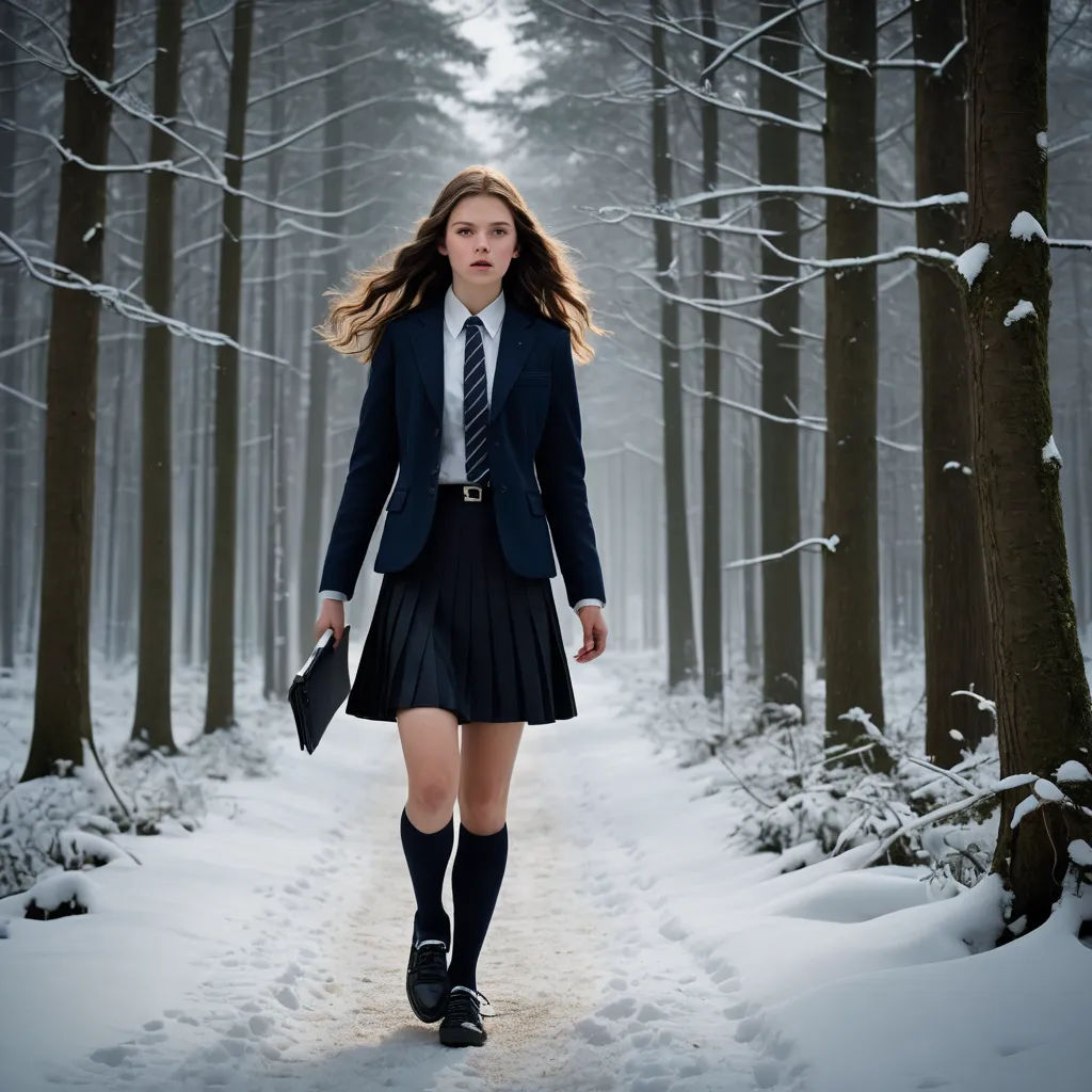 a woman in a skirt and tie walking through a forest in the snow with a suitcase in her hand, heidelberg school, a character portrait, Artur Tarnowski, promotional image