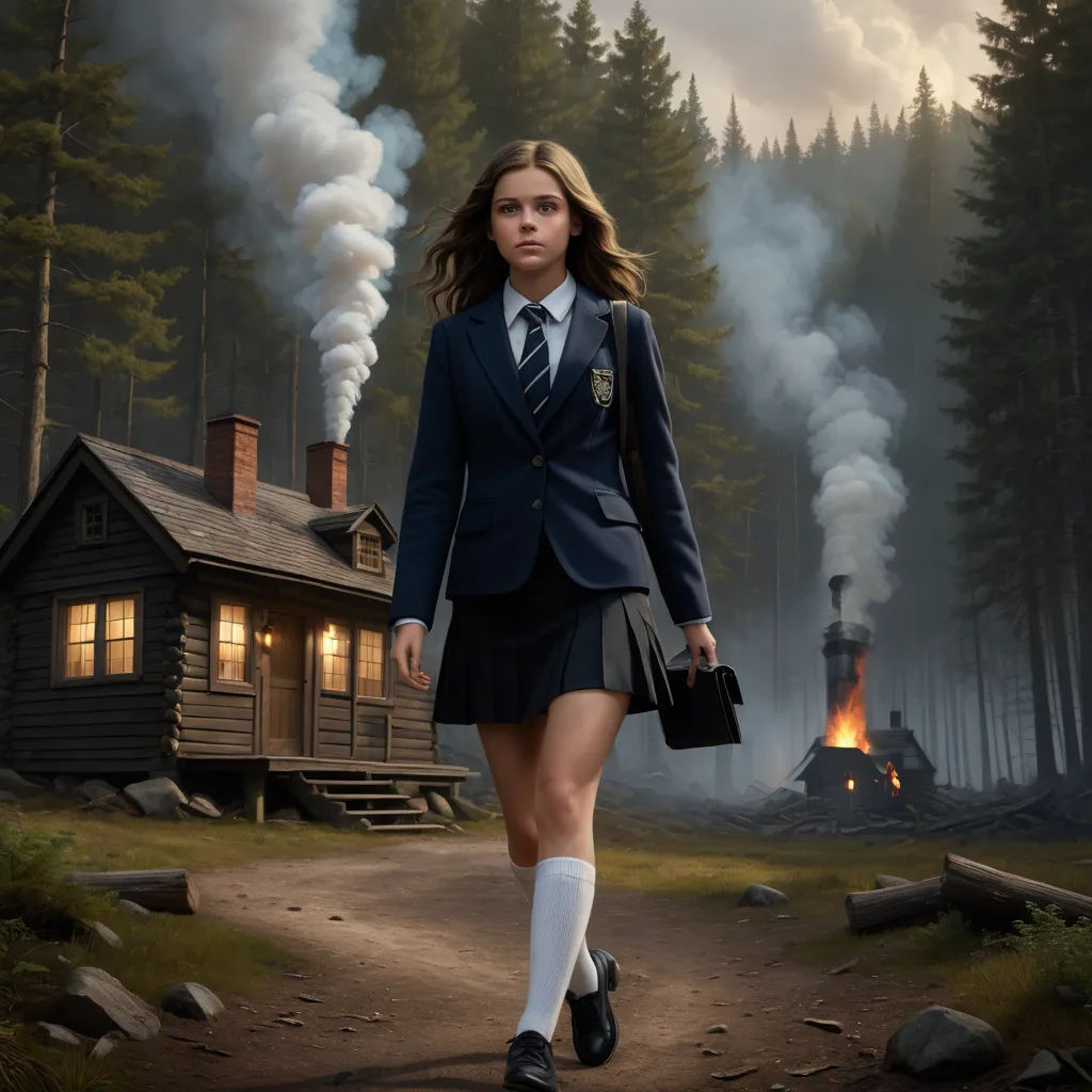 a woman in a skirt and tie walking down a road with a house in the background and smoke billowing from the stacks of smoke, magical realism, a detailed matte painting, Dirk Crabeth, promotional image