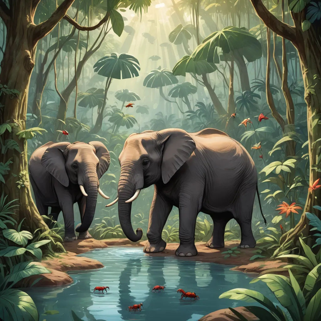 two elephants are walking through a jungle with a stream of water in front of them and a group of fish in the water, sumatraism, a storybook illustration, Chris LaBrooy, jungle