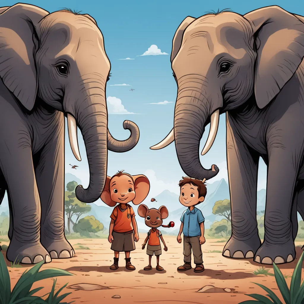 a couple of elephants standing next to a little boy and a girl in front of them with a baby elephant, private press, a storybook illustration, Diego Gisbert Llorens, graphic novel