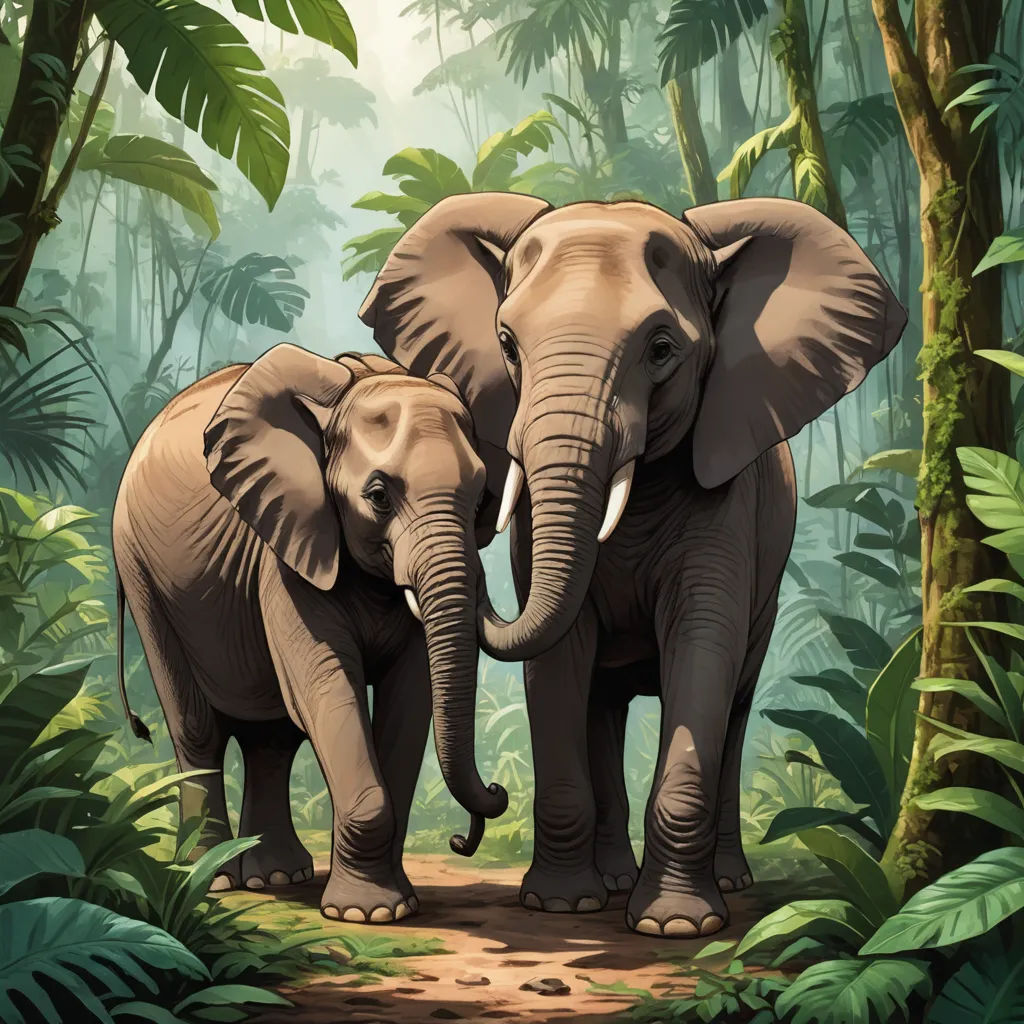 two elephants standing in the middle of a jungle with trees and plants behind them, with a path leading to them, sumatraism, a digital painting, Amédée Ozenfant, highly detailed digital painting
