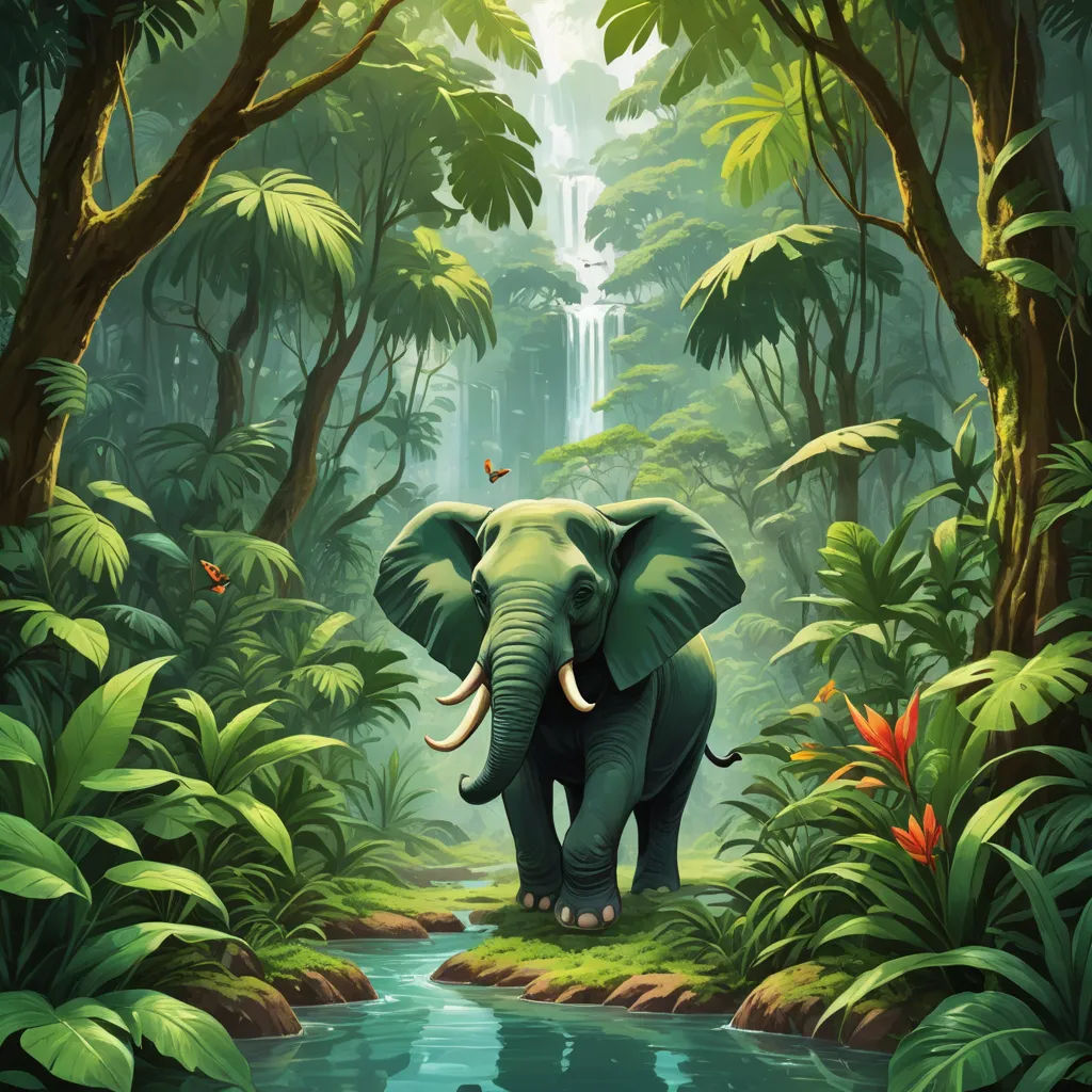 an elephant is standing in the middle of a jungle with a waterfall in the background and a bird flying over the water, sumatraism, a detailed matte painting, Chris LaBrooy, jungle