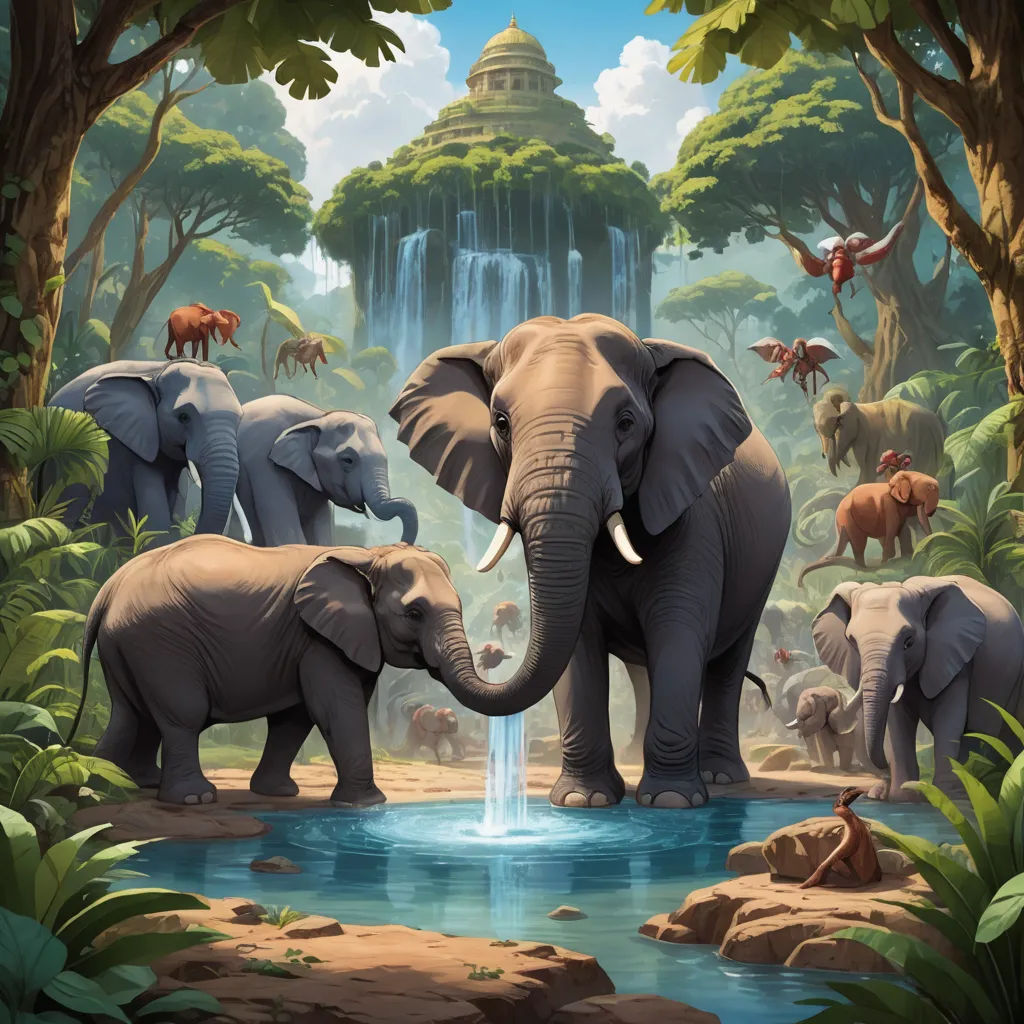 a group of elephants standing in front of a waterfall with a waterfall in the background and a group of other elephants, sumatraism, a detailed matte painting, Chris LaBrooy, highly detailed digital painting