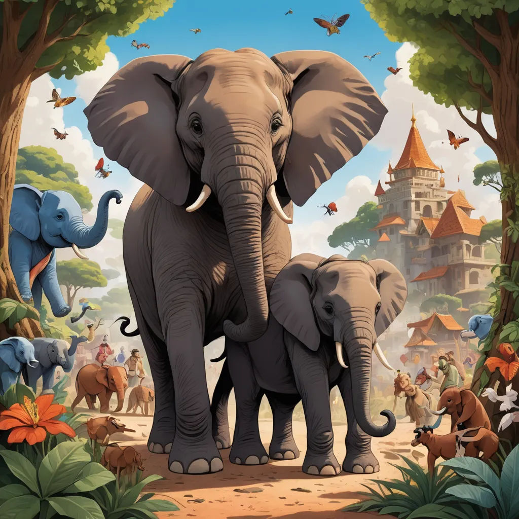 a painting of two elephants standing in a forest with a castle in the background and a group of other elephants, magical realism, a storybook illustration, Chris LaBrooy, highly detailed digital painting