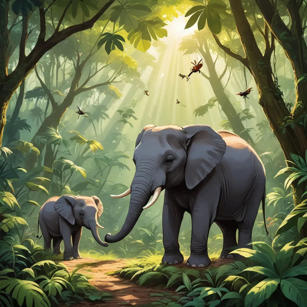 a painting of an elephant and its baby in a jungle setting with butterflies flying overhead and sunlight streaming through the trees, sumatraism, a storybook illustration, Chris LaBrooy, jungle