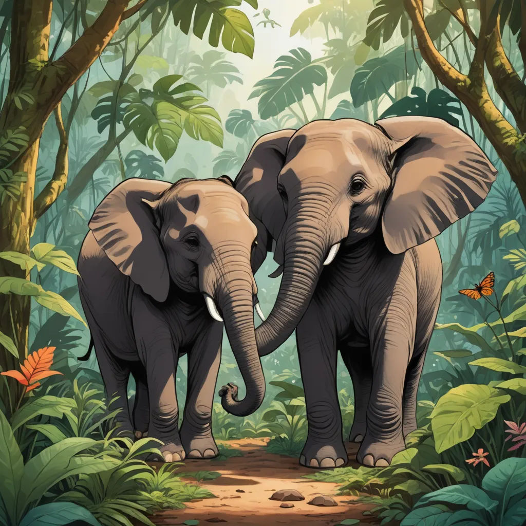 two elephants standing in the middle of a jungle with a butterfly on its trunk and a butterfly on its trunk, sumatraism, a storybook illustration, Chris LaBrooy, highly detailed digital painting