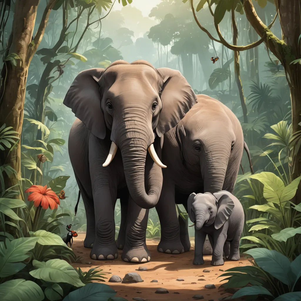 a couple of elephants standing in a forest with trees and flowers behind them and a bird flying above them, sumatraism, a storybook illustration, Chris LaBrooy, highly detailed digital painting