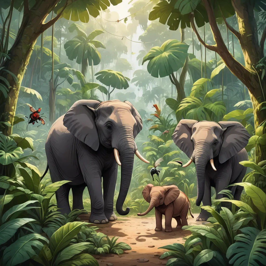 a group of elephants walking through a jungle filled with trees and plants, with a person on a bicycle, sumatraism, a storybook illustration, Chris LaBrooy, jungle