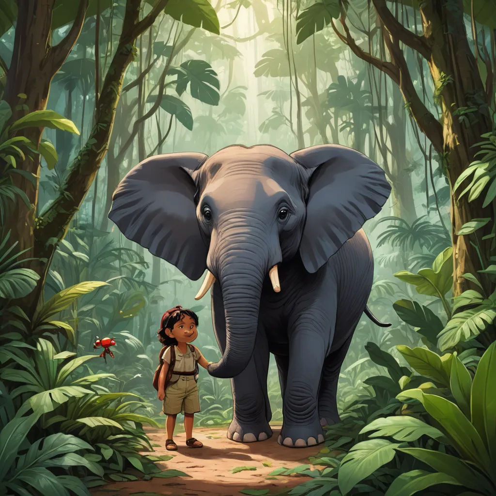 a girl is standing next to an elephant in the jungle with a bird on its trunk and a bird on its trunk, magical realism, a storybook illustration, Diego Gisbert Llorens, jungle