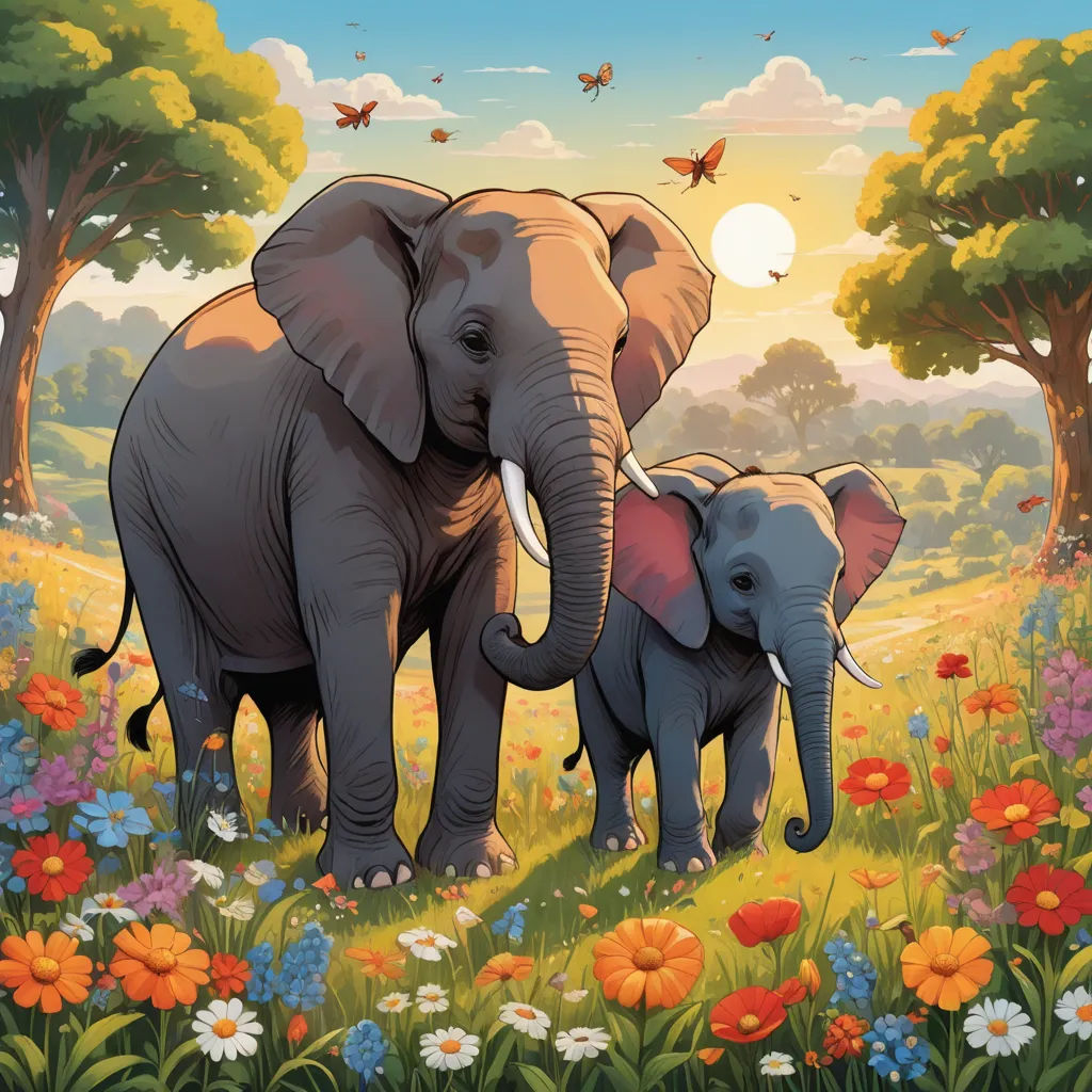 a painting of two elephants in a field of flowers and trees with a butterfly flying overhead in the background, naive art, a storybook illustration, Chris LaBrooy, promotional image