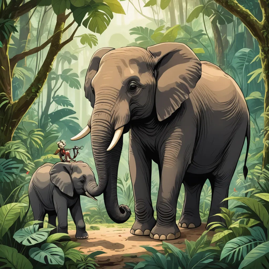 a couple of elephants standing in a forest with a baby elephant on the back of it's back, sumatraism, a storybook illustration, Chris LaBrooy, storybook illustration
