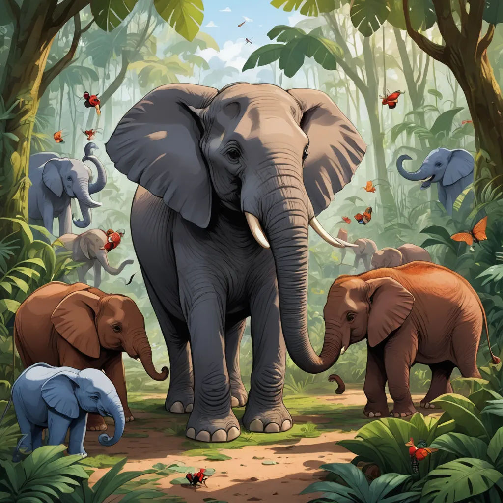 a group of elephants walking through a jungle filled with trees and plants, with butterflies flying above them,, sumatraism, a storybook illustration, Chris LaBrooy, highly detailed digital painting