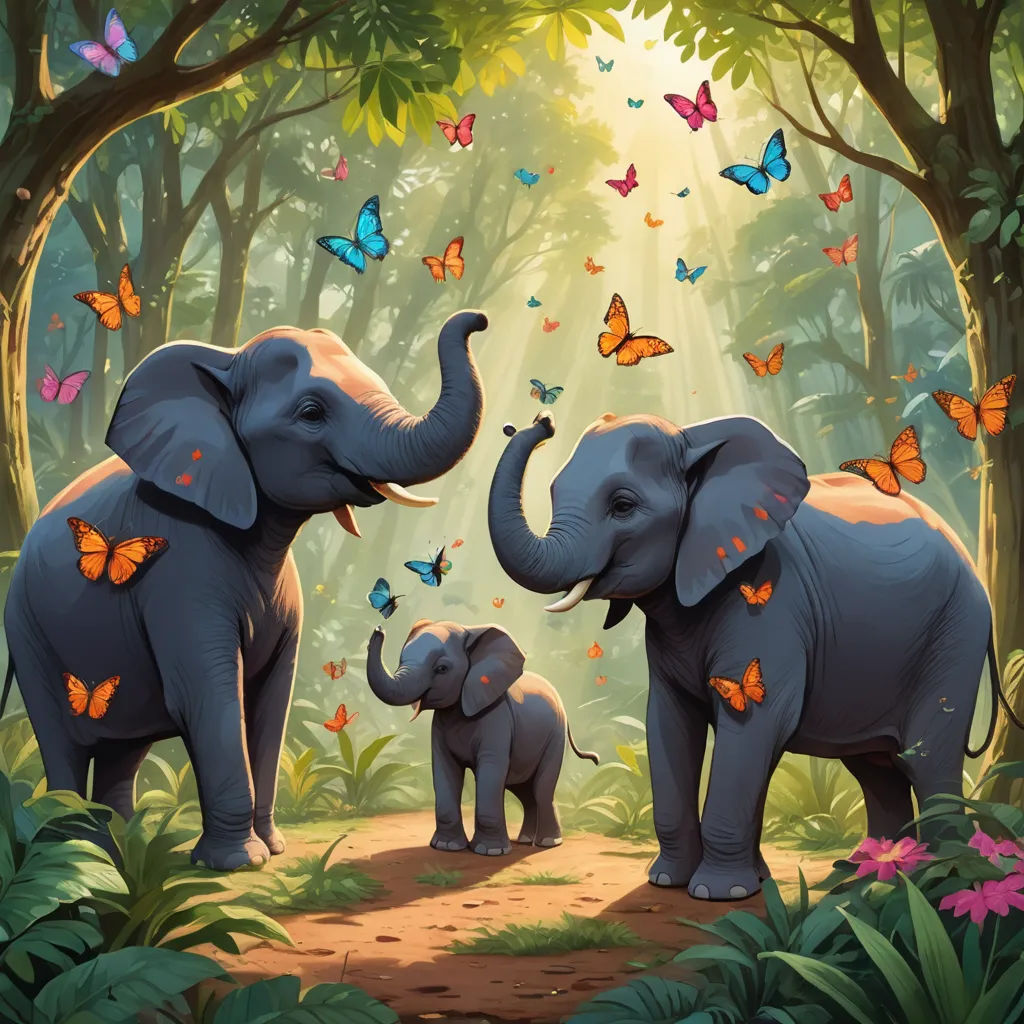two elephants are standing in the middle of a forest with butterflies flying around them and a baby elephant is standing next to them, fantasy art, a storybook illustration, Chris LaBrooy, magic the gathering artwork