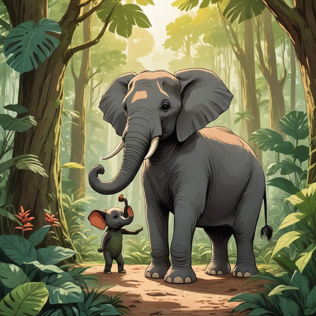 a large elephant standing next to a small elephant in a forest filled with trees and plants, with a baby elephant standing next to it, sumatraism, a storybook illustration, Chris LaBrooy, storybook illustration