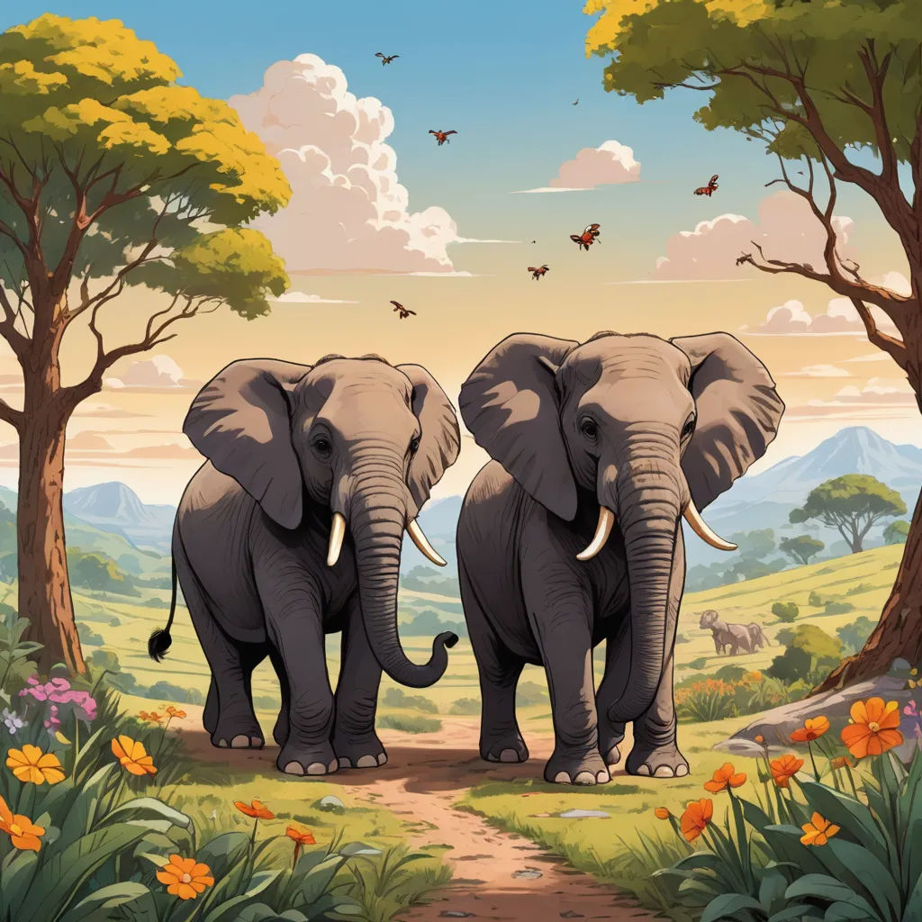 two elephants walking down a dirt road in a forest with trees and flowers on either side of the path, fantastic realism, a storybook illustration, Chris LaBrooy, highly detailed digital painting