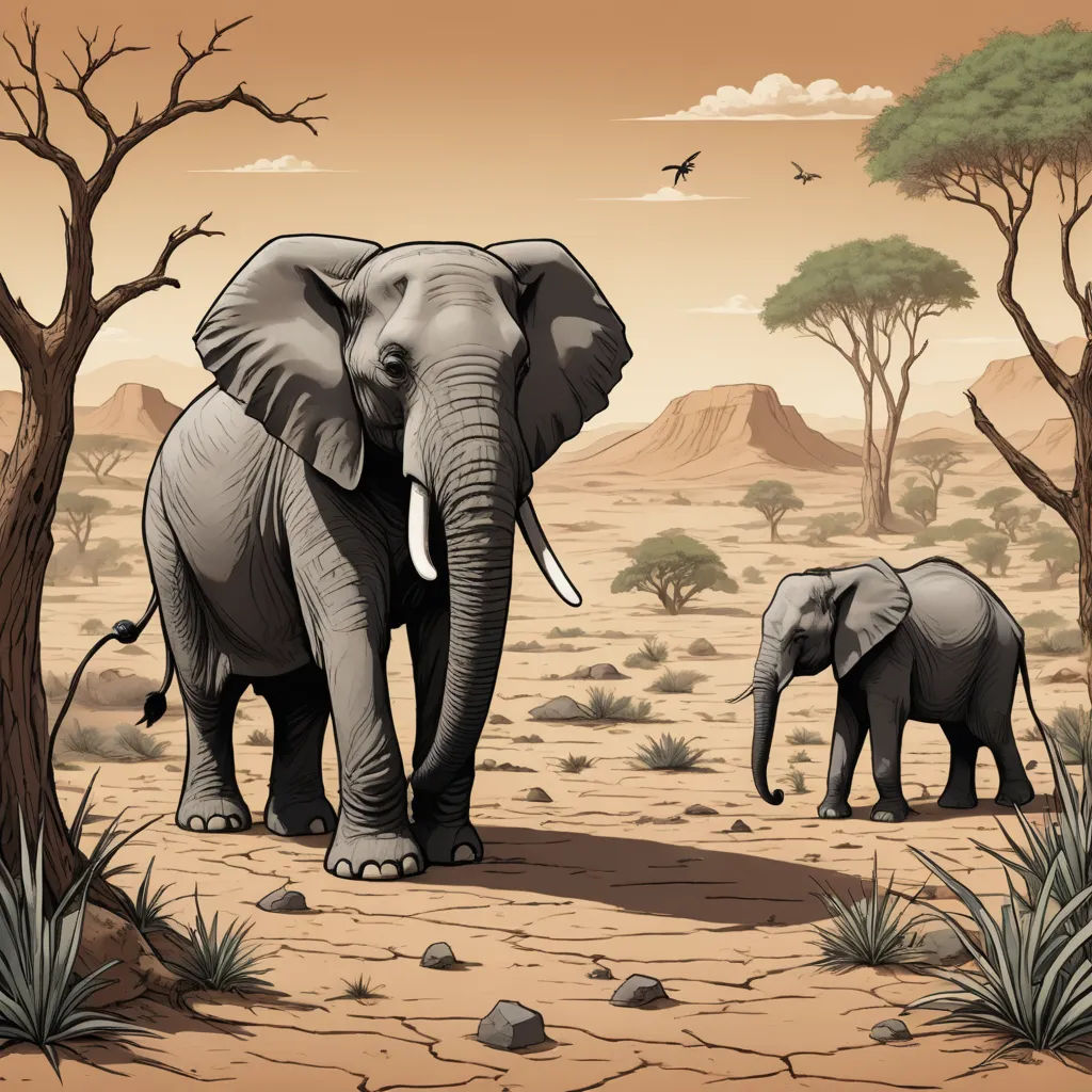 a couple of elephants standing in a desert area with trees and rocks in the background and a bird flying over them, fantastic realism, an airbrush painting, Chris LaBrooy, highly detailed digital painting
