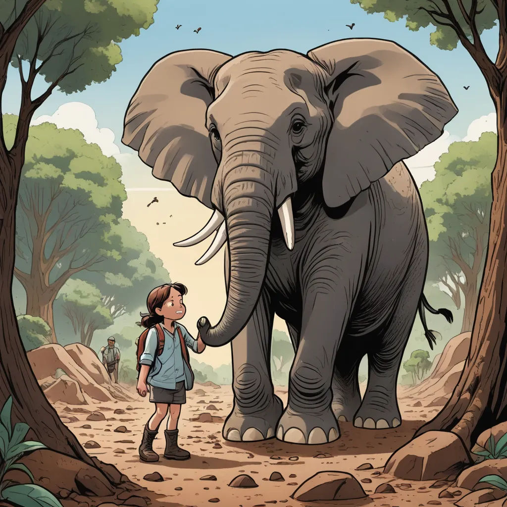 a girl is standing in front of an elephant in the woods with a man standing next to her and looking at the elephant, magical realism, a storybook illustration, Diego Gisbert Llorens, storybook illustration