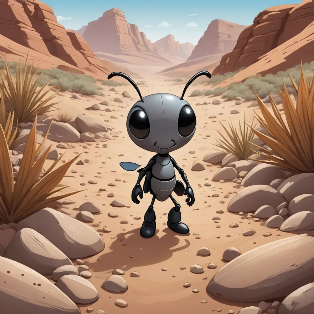 a cartoon ant in the desert with a desert background and a desert landscape with rocks and grass and a mountain range, pop surrealism, a storybook illustration, Cliff Childs, storybook illustration