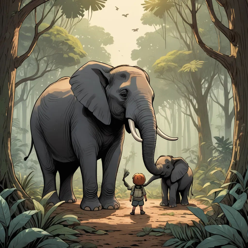 a boy standing next to an elephant in a forest with trees and birds flying overhead in the background,, sumatraism, a storybook illustration, Cliff Childs, storybook illustration