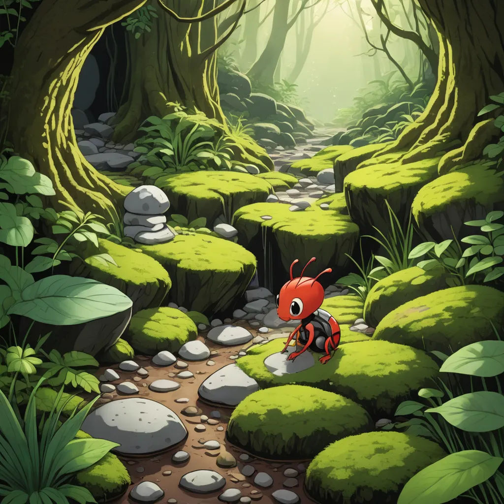 a red bug walking through a lush green forest filled with rocks and plants, with a bright light shining on the ground, environmental art, a storybook illustration, Anson Maddocks, 2 d game art
