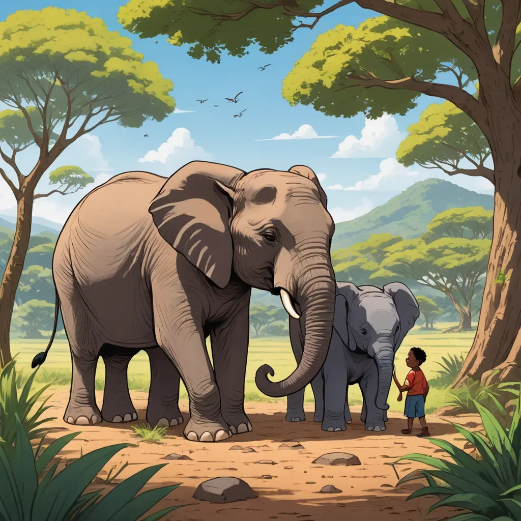 a couple of elephants standing next to each other on a dirt road near trees and a man standing next to them, primitivism, a storybook illustration, Chris LaBrooy, storybook illustration