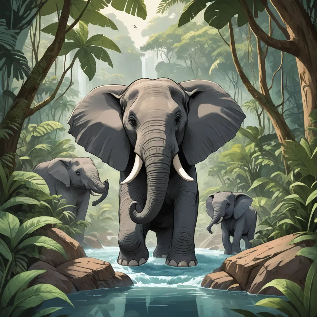 a painting of an elephant and her baby in a jungle setting with water and rocks and trees around it, sumatraism, a storybook illustration, Chris LaBrooy, highly detailed digital painting