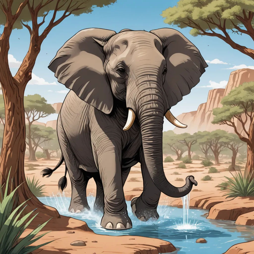 an elephant is standing in the water near trees and rocks, with a mountain in the background and a stream running through it, sumatraism, a storybook illustration, Chris LaBrooy, detailed illustration