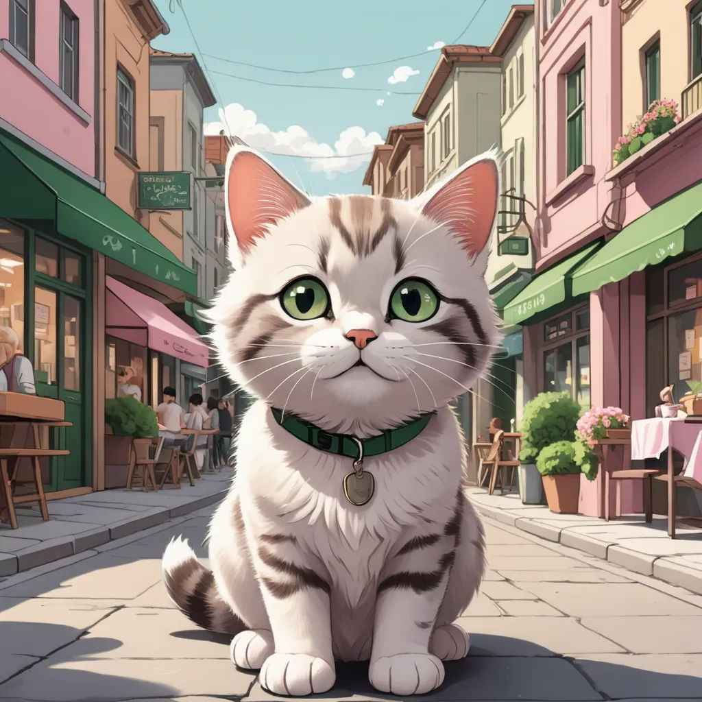 a cat sitting on a sidewalk in front of a cafe with a green eyed cat on it's collar, sots art, a storybook illustration, Chris LaBrooy, trending on art station