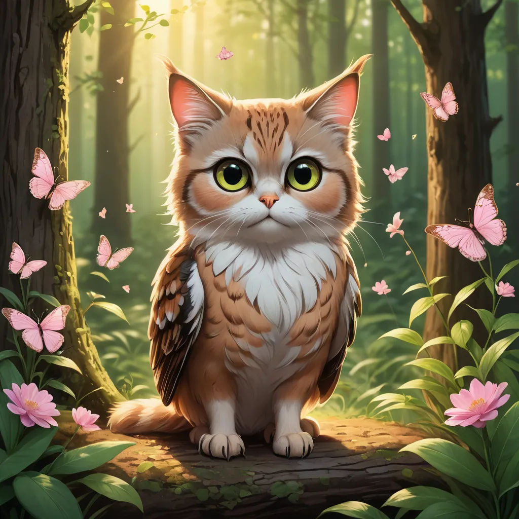 a cat sitting on a log in a forest with pink flowers and butterflies around it, with a green eyed cat in the foreground, sots art, a character portrait, Chris LaBrooy, official art