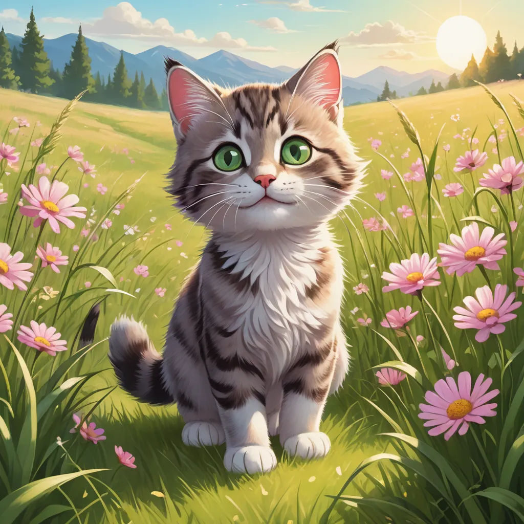a cat sitting in a field of flowers with a mountain in the background and a sun in the sky, sots art, a character portrait, Chris LaBrooy, official art