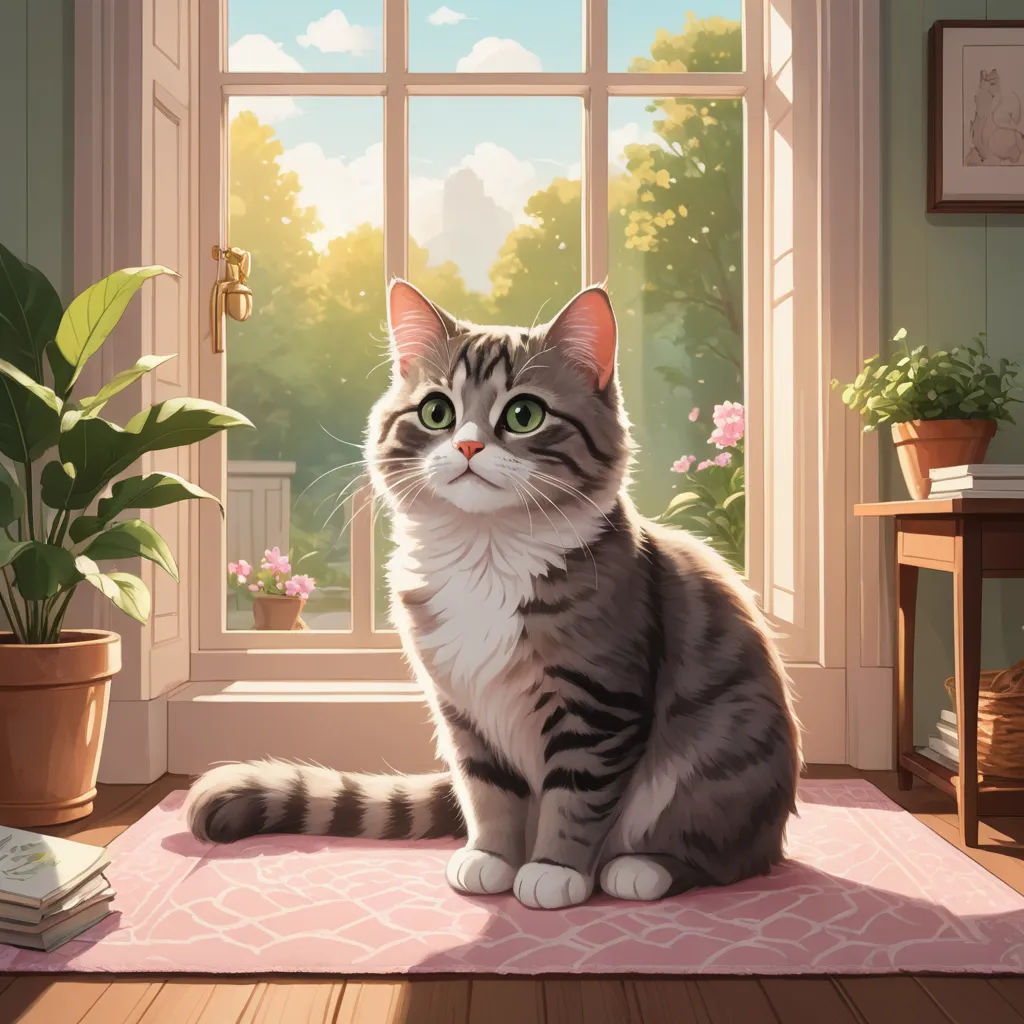 a cat sitting on a rug in front of a window with a potted plant in the background and a book on the floor, sots art, a storybook illustration, Annabel Kidston, official art