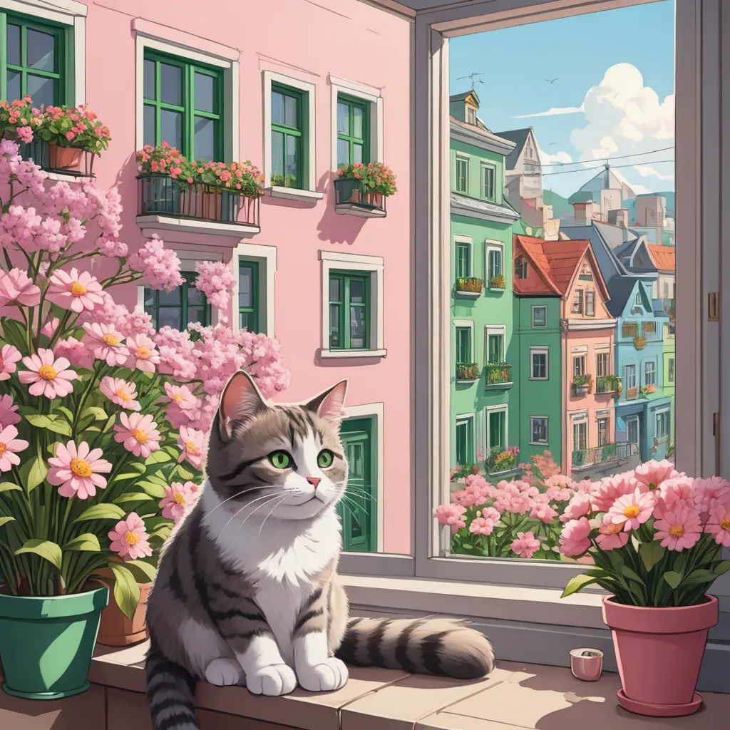 a cat sitting on a window sill next to a potted plant and flowers in front of a window, aestheticism, a detailed painting, Evgeny Lushpin, city background