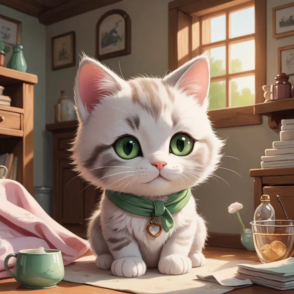 a cat with green eyes sitting on a table next to a cup and a teapot on a table, sots art, a storybook illustration, Chris LaBrooy, trending on art station