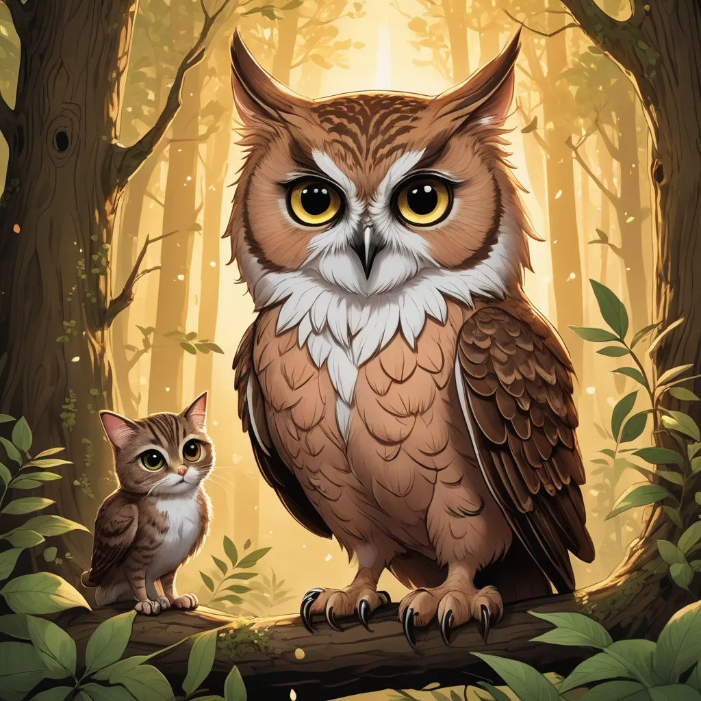 a painting of an owl and a cat in a forest with leaves and trees in the background, with a yellow light shining through the trees, fantasy art, a storybook illustration, Chris LaBrooy, storybook illustration