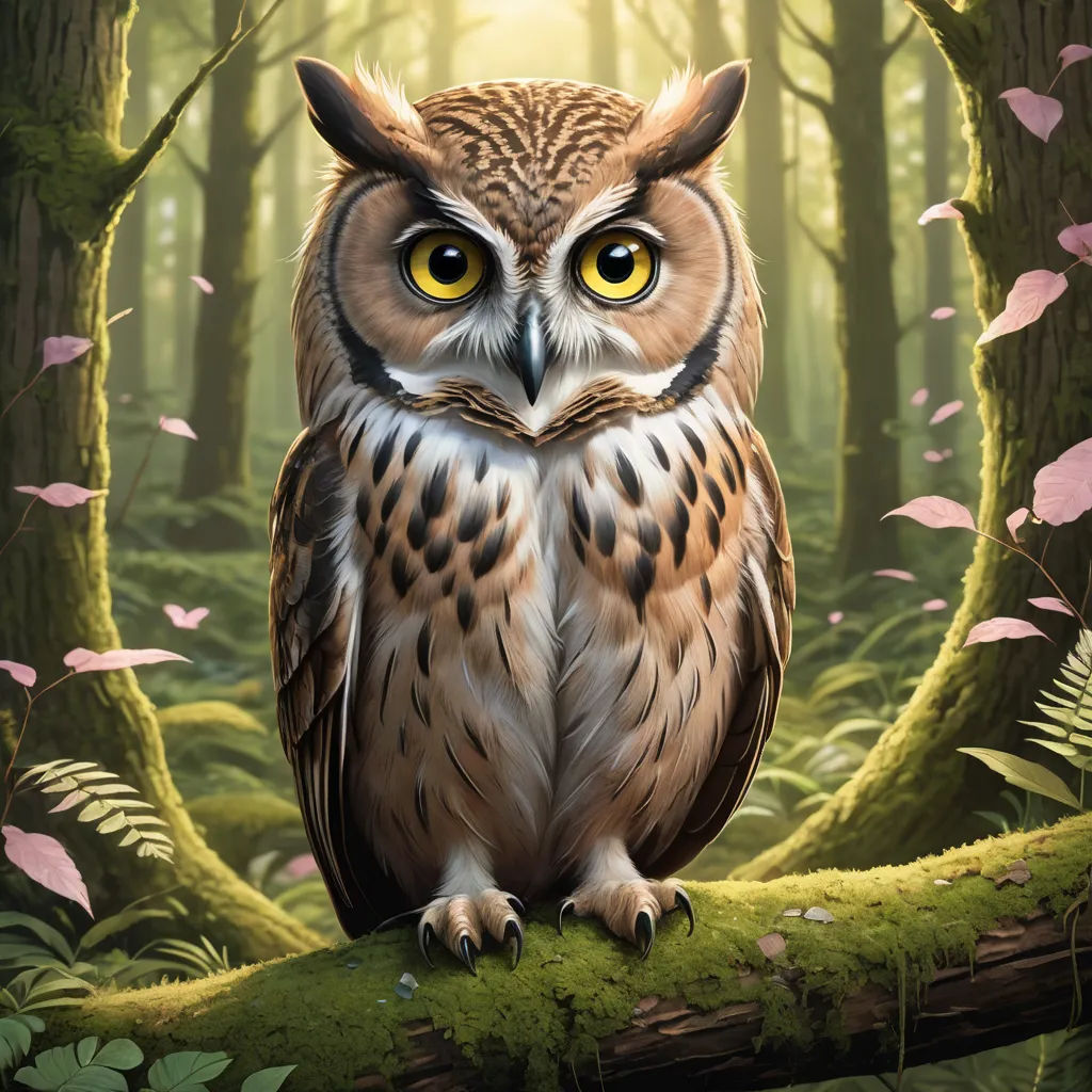a painting of an owl sitting on a branch in a forest with pink leaves and a sunbeam in the background, fantasy art, a storybook illustration, Chris LaBrooy, highly detailed digital painting